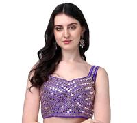 Pujia Mills Ladies Sari Blouse Multicolor Heavy Phantom Silk Thread Zari Sequence Work and Real Mirror Handmade Ready Made (Sleeves Attached Inside), royal, 12