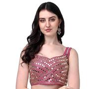 Pujia Mills Ladies Sari Blouse Multicolor Heavy Phantom Silk Thread Zari Sequence Work And Real Mirror Handmade With Sleeves Attached Inside Pink Size 12