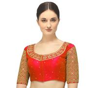 Pujia Mills Women Blouse Hand Embroidery Sequence Work Necklace Design Readymade, Red, 34