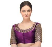 Pujia Mills Women Blouse Hand Embroidery Sequence Work Necklace Design Readymade, Violet, 34