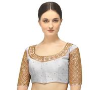 Pujia Mills Women Blouse Hand Embroidery Sequence Work Necklace Design Readymade, White, 36