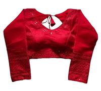 Pujia Mills Women Milan Silk Long Sleeve V Neck Multi Embroidery Trendy Saree Blouse(Rukmini), Red, 42