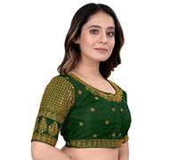 Pujia Mills Women's Art Silk Embroidery Blouse - Half Sleeve Readymade Saree Blouse With Sequence Work, Green, 38