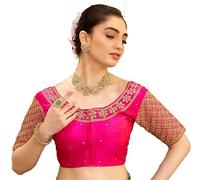 Pujia Mills Women's Embroidery Handwork Sequence Work Necklace Design Readymade Blouse, Dark Pink, 38