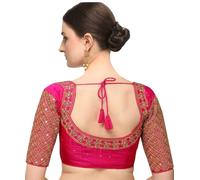 Pujia Mills Women's Embroidery Handwork Sequence Work Necklace Design Readymade Blouse, Pink, 38