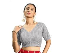 Pujia Mills Women's Ethnic Indian Blouse Silver Sari with Matching Embroidery Deep V-Neck Half Sleeve Ready Made Plain, silver, 6