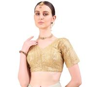 Pujia Mills Women's Ethnic Indian Blouse Silver Sari with Matching Embroidery Deep V-Neck Half Sleeve Ready-to-Wear Solid, gold-coloured, 8