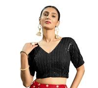 Pujia Mills Women's Ethnic Indian Blouse Silver Sari with Matching Embroidery Deep V-Neck Half Sleeve Ready Made Plain, black, 6