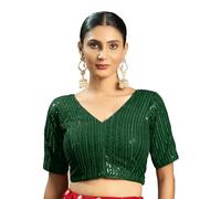 Pujia Mills Women's Ethnic Indian Blouse Silver Sari with Matching Embroidery Deep V-Neck Half Sleeve Ready-to-Wear Solid, Green, 16