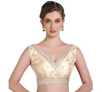 Pujia Mills Women's Indian Ethnic Wear Designer Gold zari Embroidery with Sequence Work V Neck Sleeveless Readymade Back Side Worked Saree Blouse, Cream, 36