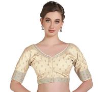 Pujia Mills Women's Indian Ethnic Wear Designer Golden Codding with zari Embroidered Diamond Work Round Neck Half Sleeve Readymade Aari Work Saree Blouse Bridal Readymade Blouse Red for Lehenga Choli