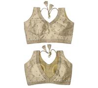 Pujia Mills Women's Indian Ethnic Wear Designer Golden zari Embroidery with Sequence Work V Neck Sleeveless Readymade Worked Saree Blouse for Party, Cream, 10