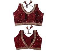 Pujia Mills Women's Indian Ethnic Wear Designer Golden Zari Embroidery with Sequence Work V Neck Sleeveless Ready Made Saree Blouse for Party, maroon, 8