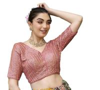 Pujia Mills Women's Indian Ethnic Wear Designer Silver Sequence with Matching Embroidered Work Deep V Neck Half Sleeve Readymade Padded Saree Blouse Readymade Unique Color Saree Blouse, Peach, 44