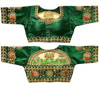 Pujia Mills Women's Phantom Silk Embroidery Handwork Stone Work Design Bridal Half Sleeves Readymade Blouse, Green, 38