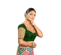 Pujia Mills Women's Ready-made Blouse Embroidery Multi Coding Dull Golden Sequence Work Indian Ethnic Designer Stitched Readymade Saree Half Sleeve Blouse for Women for Saree Lehenga Choli, Green, 12