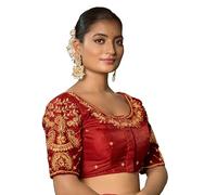Pujia Mills Women's Readymade Blouse Embroidery Multi Coding maggam Work Sequence Work Indian Ethnic Designer Stitched Readymade Saree Half Sleeve Blouse for Women for Saree Lehenga Choli, Red, 36