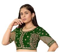 Pujia Mills Women's Readymade Blouse Multi Golden Codding Sequence Embroidery Work Indian Ethnic Designer Sewn Readymade Saree Half Sleeve Blouse for Women for Saree Lehenga Choli, Green, 12