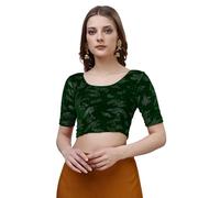 Pujia Mills Women's Readymade Hosiery Velvet Lycra Stretchable Round Neck Half Sleeve Blouse Fancy Lycra Stretchable Blouse for Women Readymade Saree Blouse, Green, 14