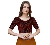 Pujia Mills Women's Readymade Velvet Lycra Stretchable Round Neck Half Sleeve Blouse with jari Work Fancy Lycra Stretchable Blouse for Women Readymade Saree Blouse, Maroon, L