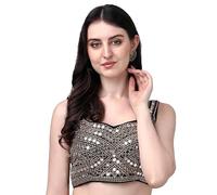 Pujia Mills Women's Saree Blouse, Multicolored, Heavy Phantom Silk Thread, Zari and Sequence Work and Real Mirror, Handcrafted, Fully Tailored (Sleeves Attached Inside), black, 12