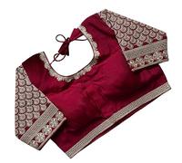 Pujia Mills Women's Silk Embroidery Work Round Neck Sleeveless Readymade Saree Blouse, Maroon, L