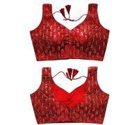 Pujia Mills Women's Silk Embroidery Work Sweetheart Neck Sleeveless Readymade Saree Blouse, Red, L