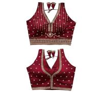 Pujia Mills Women's Silk Embroidery Work V Neck Sleeveless Readymade Saree Blouse, Maroon, L