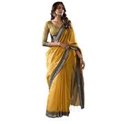Pujia Mills Women's soft linen saree with Cotton Saree With Contrast weaving Border Indian ethnic wear saree cotton saree with unstitch blouse piece casual saree light color plain cotton simple saree