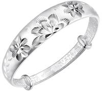PUJIANA Cuff Bangle Chain,AdjustableSterling Silver Bangle Bracelet, Women 925 Sterling Silver Bracelet Hand Carve Lotus Flower Adjustable Cuff Bangle