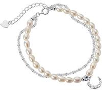 PUJIANA Dainty Ankle Bracelet - 925 Sterling Silver Double Layer Freshwater Pearl Moon Chain Bracelet for Women Valentines Day Jewelry