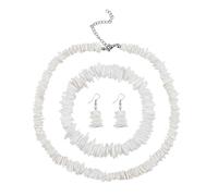 Puka Shell Jewelry Set: Hawaiian Boho Necklace with Seashell Beads, White Beach Bracelet, Handmade Beaded Collar, and Statement Earrings
