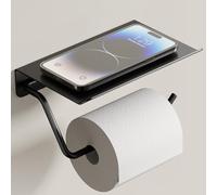 PUKANIUM Black Toilet Roll Holder, Screw-in Wall Mounted Toilet Paper Holder with Phone Shelf, 304 Stainless Steel Tissue Holder, Rustproof Multifunctional Bathroom Storage Dispenser