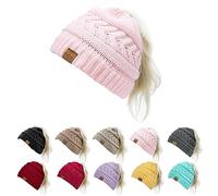 Pukavt 1&2 Pack Ponytail Beanie Hat Winter Hat for Women, Soft Stretch Cable Knit Messy Bun Beanie,Trendy Gifts for Women, Pink, M