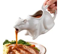 Puking Cat Gravy Boat, Ceramic Kitty Sauce Pitcher for Cats Lovers, Curled Tail Handle and Cat-Mouth Outlet Opening Ease Pouring, Novelty Cats Serving Pitcher for Salad Dressing, Broth, Syrup (White-M)