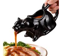Puking Cat Gravy Boat, Ceramic Kitty Sauce Pitcher for Cats Lovers, Curled Tail Handle and Cat-Mouth Outlet Opening Ease Pouring, Novelty Cats Serving Pitcher for Salad Dressing, Broth, Syrup (Black-L)