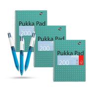 BIC 3x 4 Colours Retractable Ballpoint Pens & Pukka Pad A4 Metallic Jotta Book 3 Pack, Wirebound Notebook 8mm Lines 80GSM Paper 4-Hole Punch Margins Perforated Edges 200 Pages for School & Office