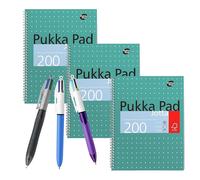 BIC Grip 4-Colours Retractable Pens Pack of 3 Medium 1.0mm & Pukka Pad A4 Metallic Jotta Book 3 Pack Wirebound Notebook with 8mm Lines and 80GSM Paper, 4-Hole Punch Margins, Perforated Edges 200 Pages