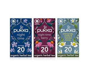 Pukka Herbs, Chamomile Calm Herbal Tea Bundle, Night Time, Night Time Berry & Chamomile, Vanilla & Manuka Honey Tea, 20 Teabags each (3 Pack)