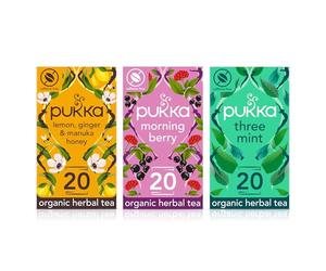 Pukka Herbs, Herbal Wellness Tea Bundle, Lemon Ginger & Manuka Honey, Morning Berry & Three Mint, 20 Teabags each (3 Pack)