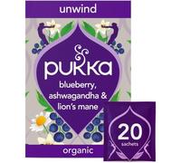 Pukka Herbs Unwind Herbal Tea, Chamomile, Blueberry, Vanilla, 20 Bags | Soft floral notes for a calming cup, berry sweetness, with Lions Mane - a nootropic mushroom. For quiet moments. Sugar Free.