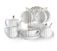 Pukka Home Porcelain Tea Set, British Royal Series - 8 OZ Cups & Saucer Service for 6, with Teapot, Sugar Bowl, Cream Pitcher, Teaspoons and Tea Strainer, Pure White