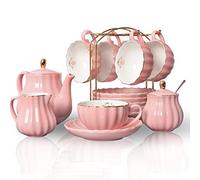 Pukka Home Porcelain Tea Sets British Royal Series, 8 OZ Cups& Saucer Service for 6, with Teapot Sugar Bowl Cream Pitcher Teaspoons and tea strainer for Tea/Coffee, (Pink)