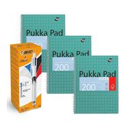 BIC 4 Colours Pen with 3 pen & 1 HB Pencil Lead Medium Point Tip Pack of 12 & Pukka Pad A4 Metallic Jotta 3 Pack Wirebound Notebook 8mm Lines 80GSM Paper for Students and Creative Projects