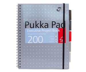 Pukka Pad, A4+ Metallic Executive Project Book - 22.5 x 29.6cm - 200 Page Hardback Wirebound Notebook with 8mm Lines and 80GSM Paper - Includes Repositionable Dividers with Pocket - 200 Pages, Silver