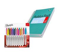 Pukka Pad, A4 Metallic Jotta Book 3 Pack, Wirebound Notebook with 8mm Lines and 80GSM Paper, 4-Hole Punch Margins 200 Pages & 18Pcs Sharpie Fine Point Permanent Markers Perfect for Notes & Art