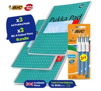 Pukka Pad A4 Metallic Jotta Book 3 Pack With Bic 4 Colours Original Pens, Wirebound Bundle