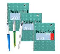 Pukka Pad A4 Metallic Jotta Book 3 Pack with BIC 4 Colours Shine & Fluo Pens 3 Pack, Spiral Notebooks 200 Pages 80GSM, 8mm Lines, Perforated 4 Hole Punch, Fluorescent Yellow Ink, For School and Office