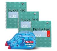 Pukka Pad A4 Metallic Jotta Book 3 Pack with Tipp-Ex Pocket Mouse Correction Tape 3 Pack, Spiral Notebook 200 Pages 80GSM, 8mm Lines, Perforated 4 Hole Punch, 10m Instant Tape, For School and Office