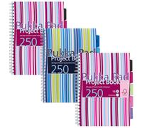 Pukka Pad, A4 Stripes Project Book 3 Pack - 21 x 30cm - Wirebound Notebook 80GSM Paper - Includes Repositionable Dividers with Storage Pocket - 250 Pages